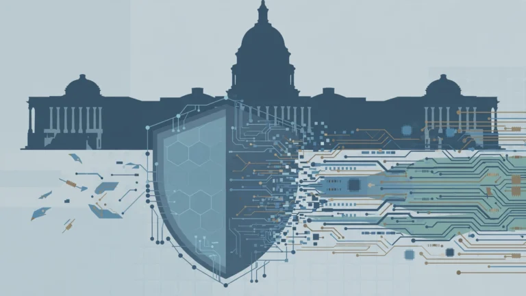 Editorial illustration of a digital shield blocking data streams in front of a government building silhouette