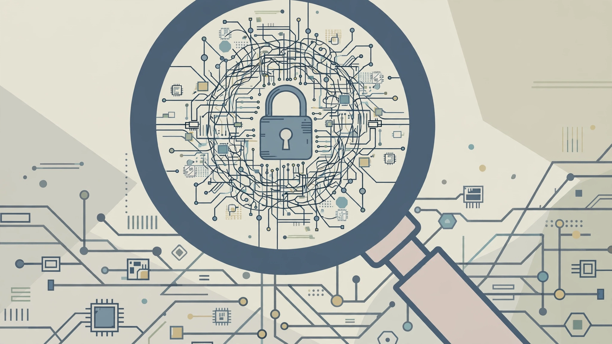 Editorial illustration of a magnifying glass over circuit networks with a padlock