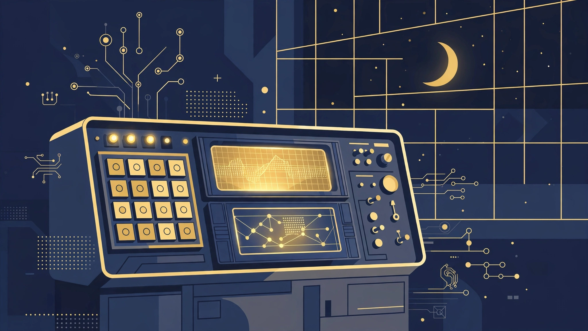 Editorial illustration of a vintage Apollo-era computer console under a crescent moon