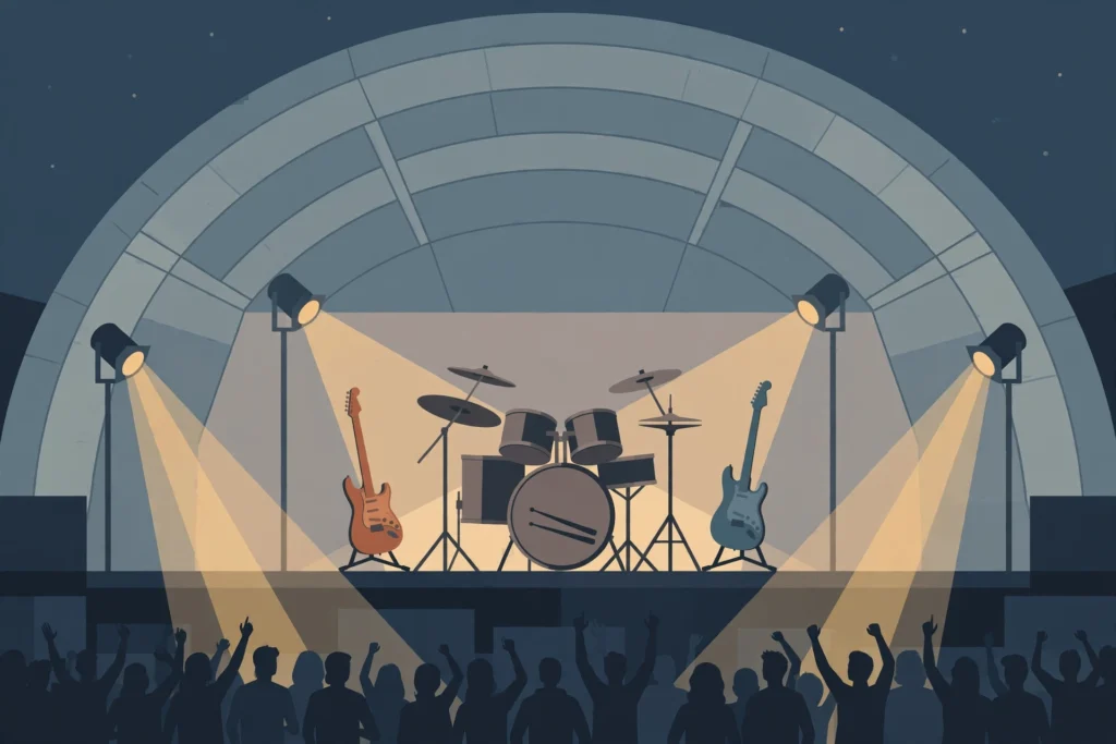 Editorial illustration of a rock concert stage with drums and guitars
