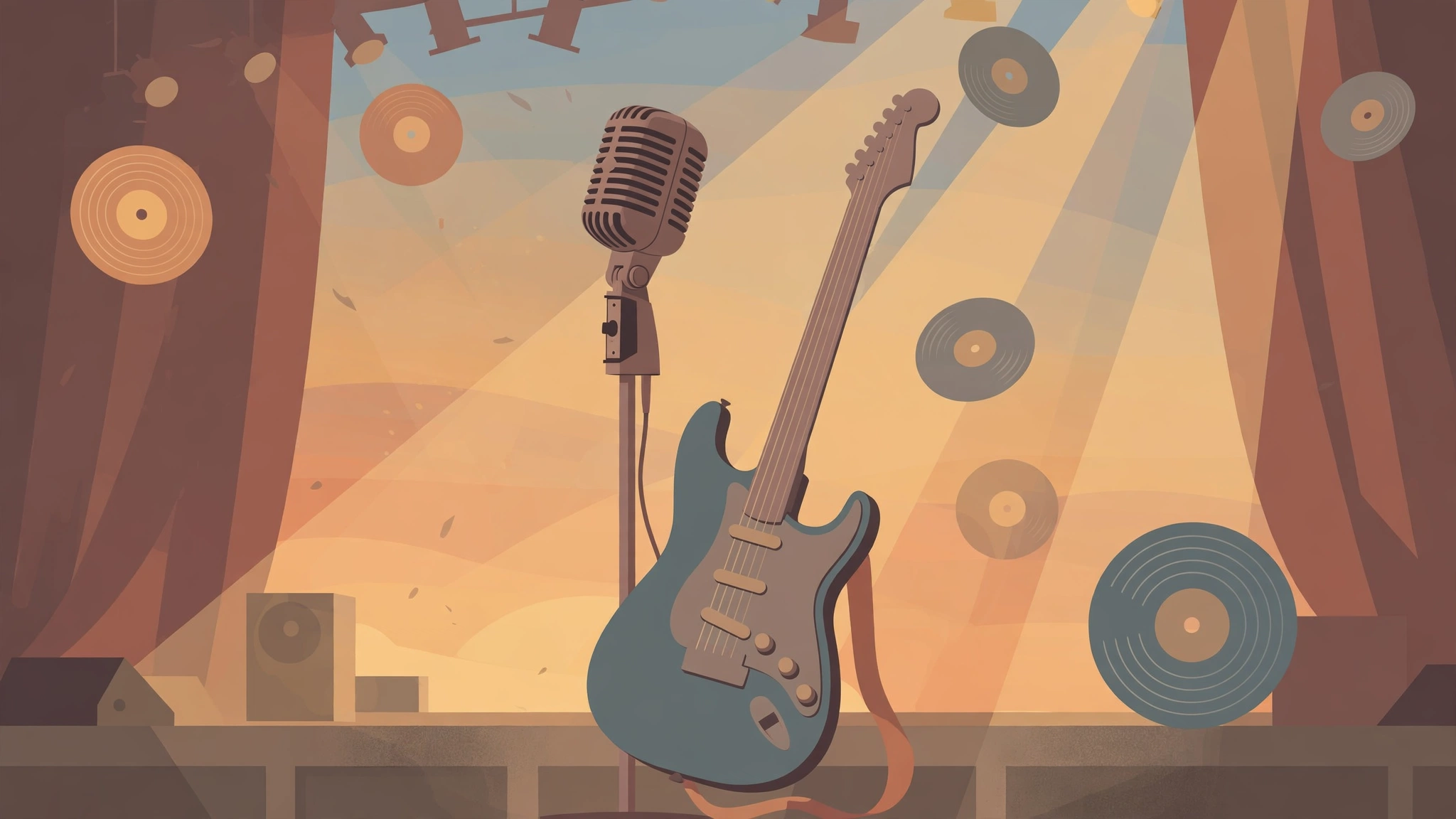 Editorial illustration of a vintage microphone and electric guitar on stage