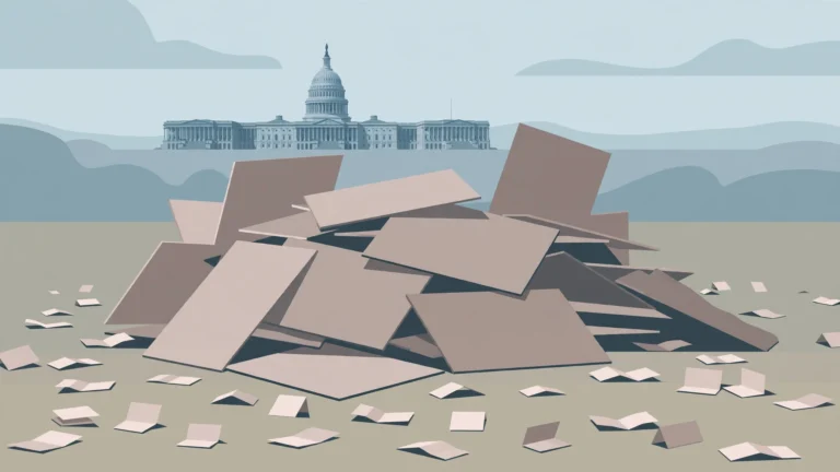 Editorial illustration of campaign endorsement placards turned face-down in front of the US Capitol