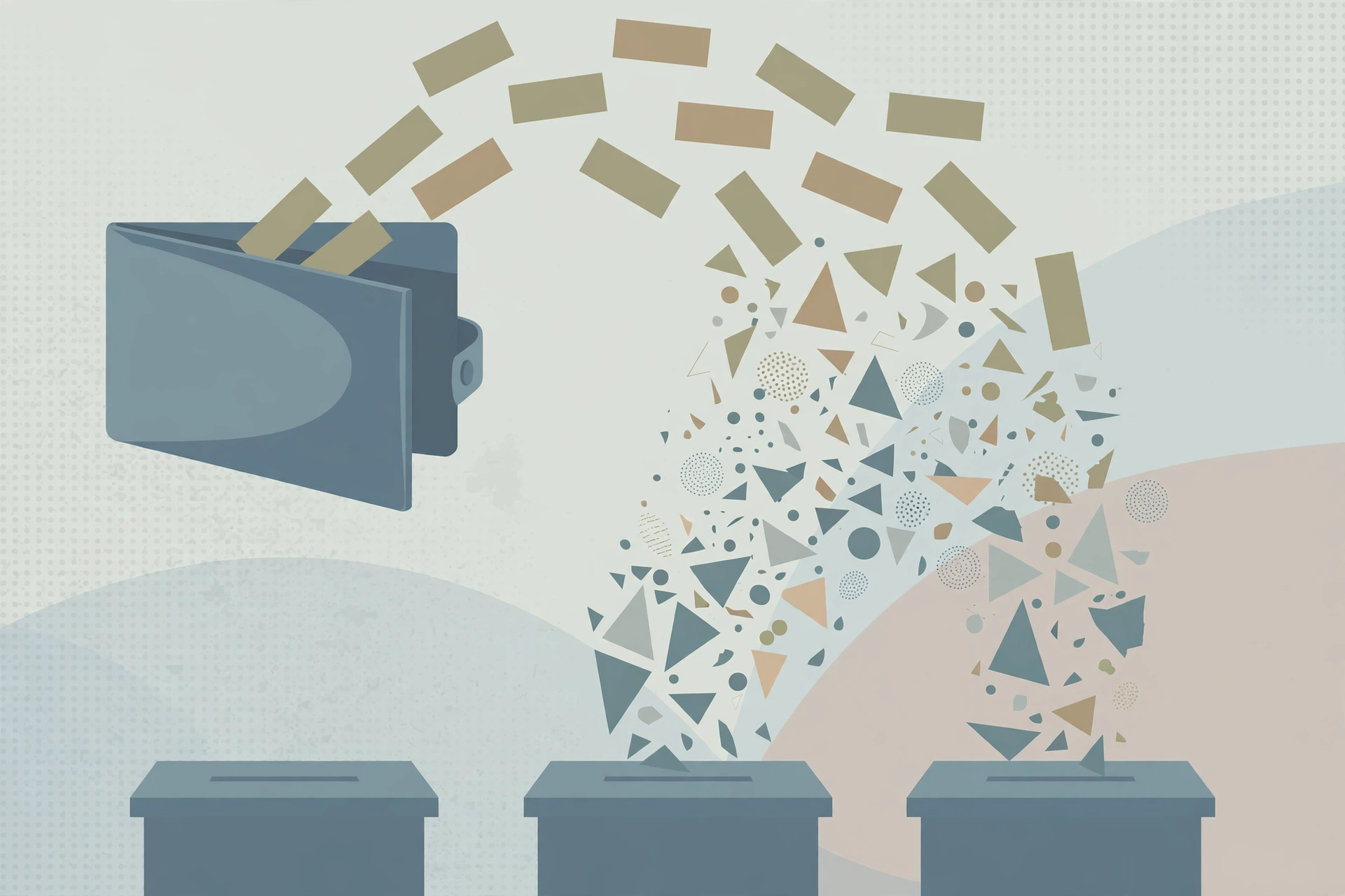 Editorial illustration of campaign funds dissolving before reaching ballot boxes