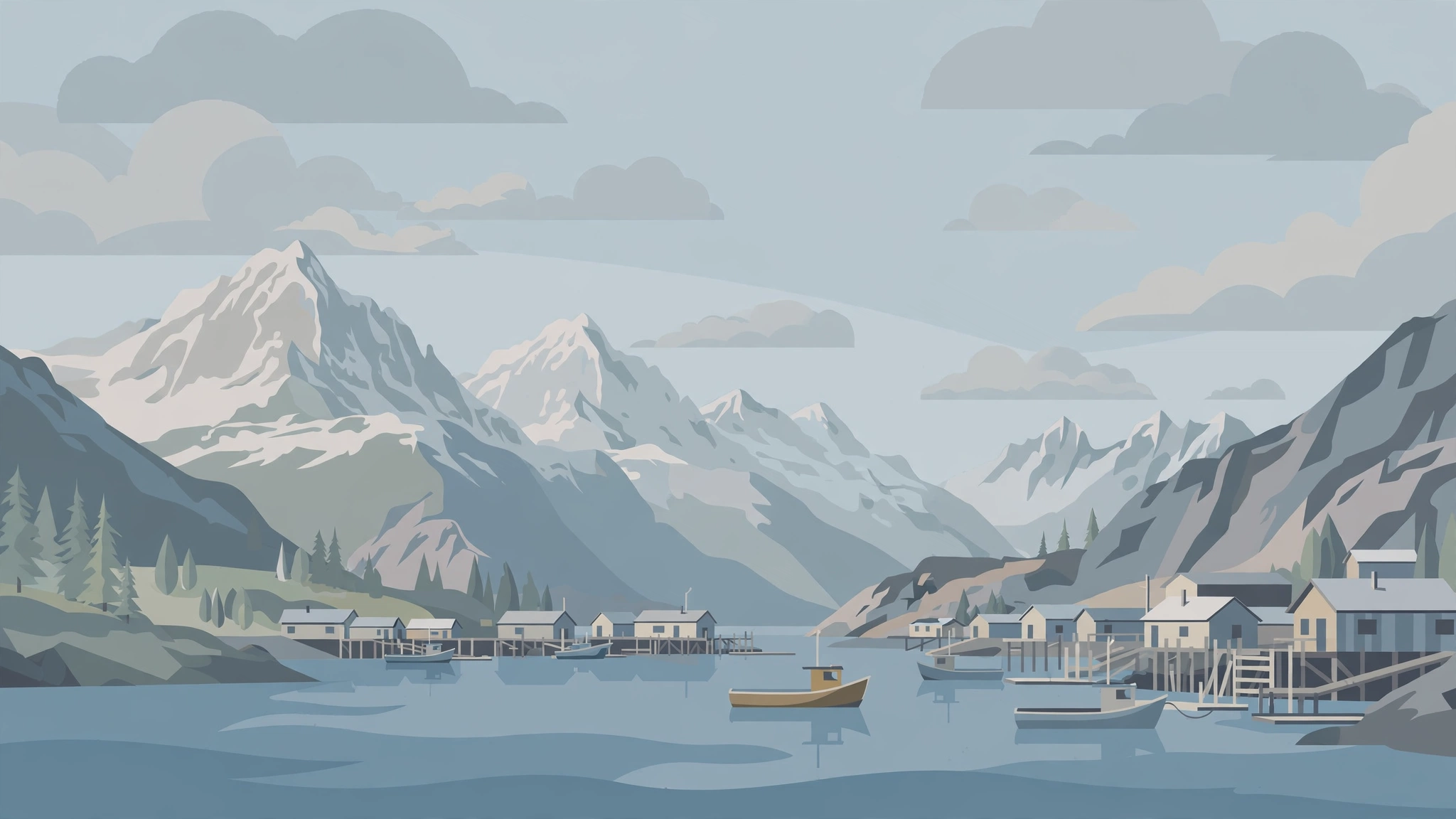 Illustration of a remote Alaskan fishing village harbour