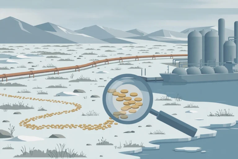 Illustration of an Arctic gas pipeline and LNG terminal with a magnifying glass over coins