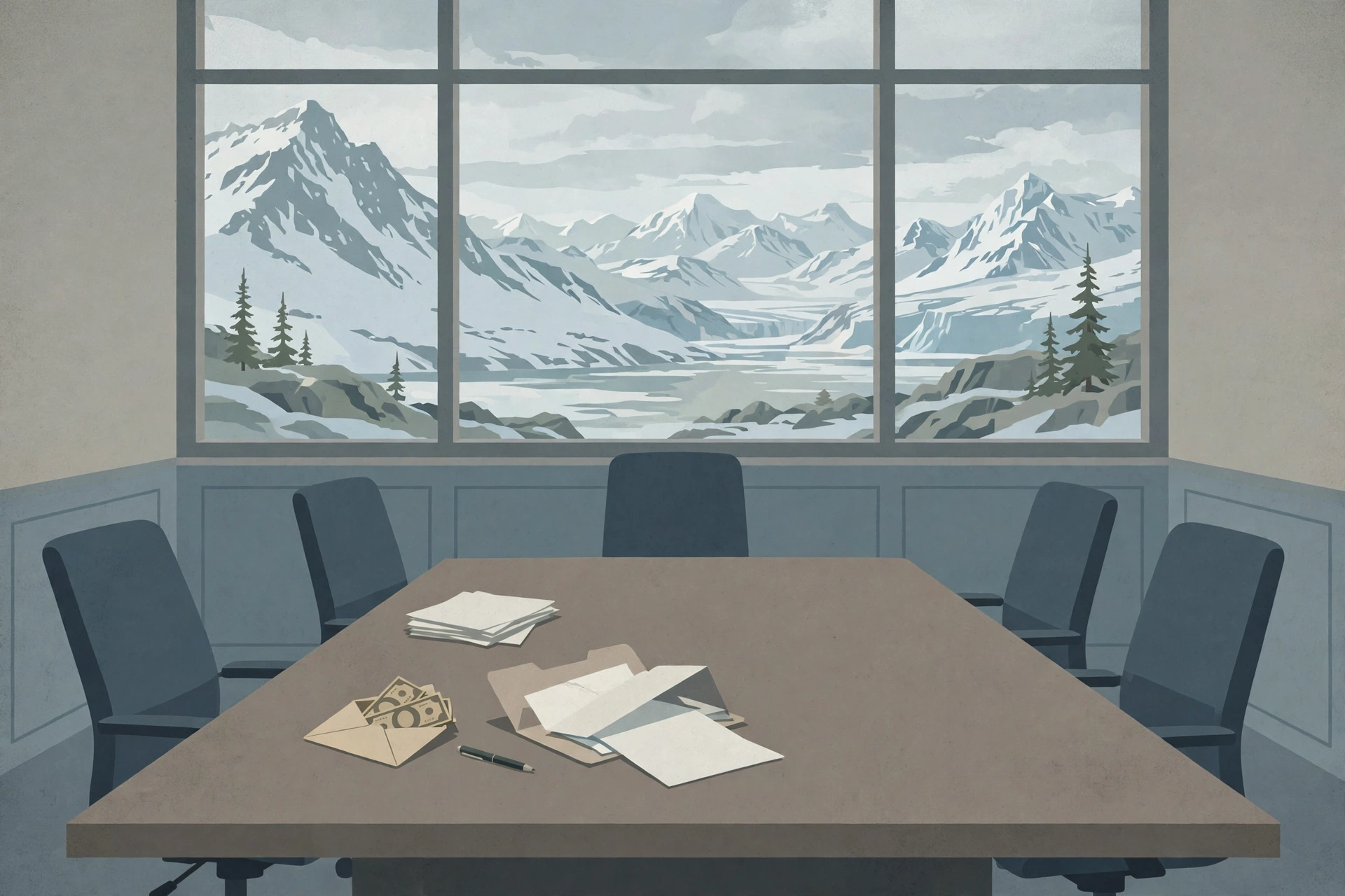 Illustration of an empty boardroom table with papers and an envelope