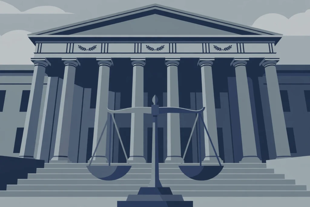 Illustration of a courthouse with scales of justice
