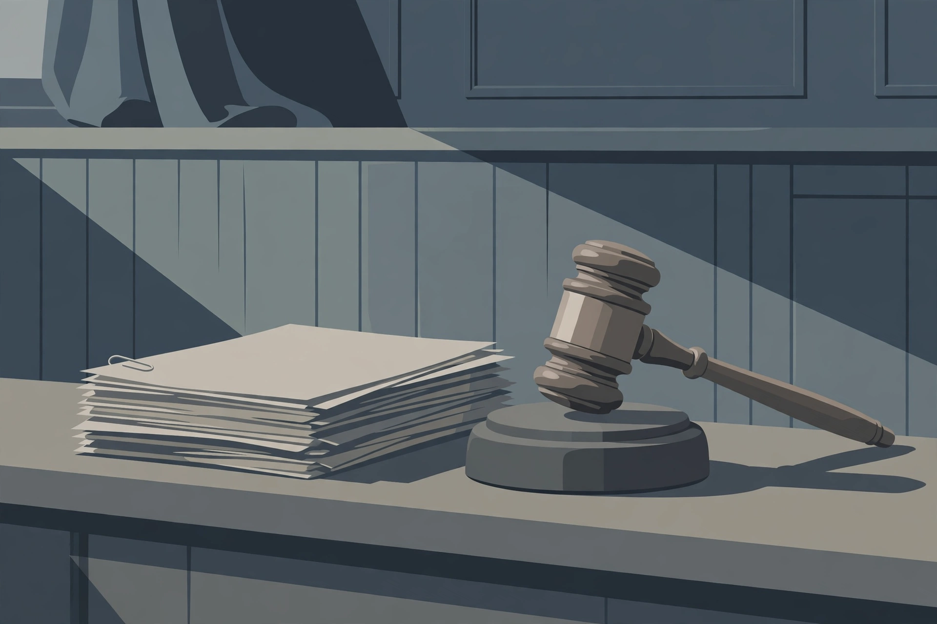 Illustration of a judge's gavel beside legal documents