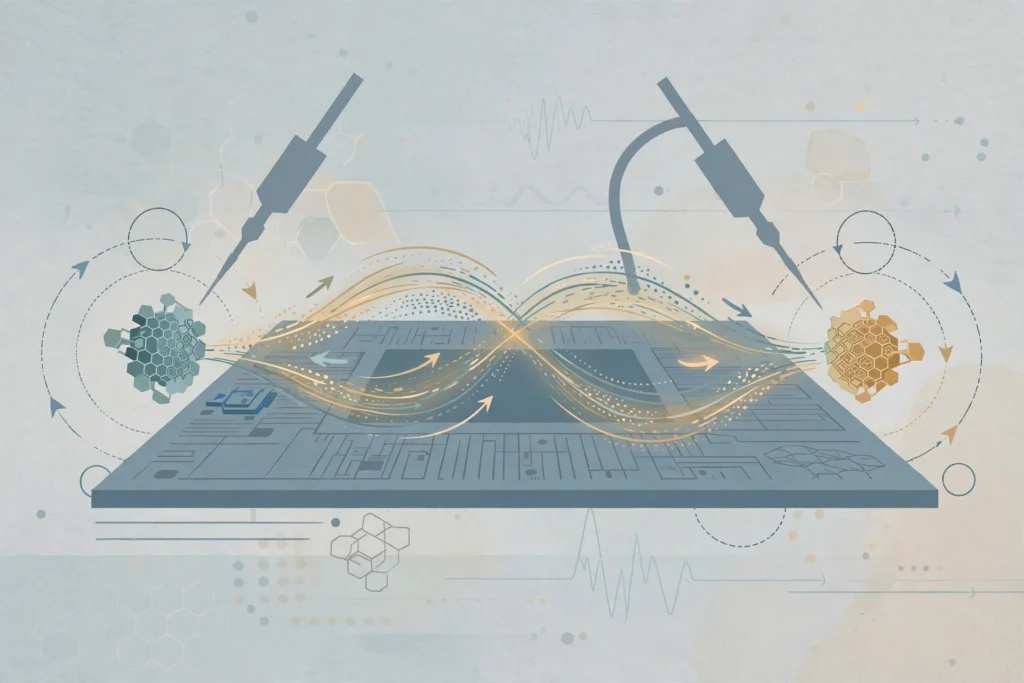Editorial illustration of a nanoscale device with energy lines flowing across a chip