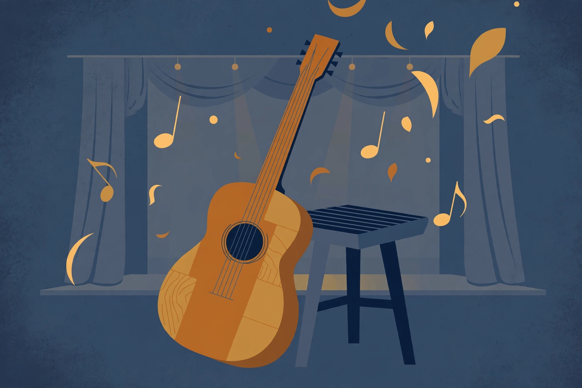 Illustrated acoustic guitar leaning against a stool with a stylised stage backdrop