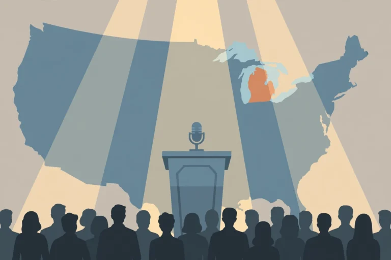 Editorial illustration of a campaign podium with a microphone under spotlights, a US map with Michigan highlighted behind it, and a silhouetted crowd