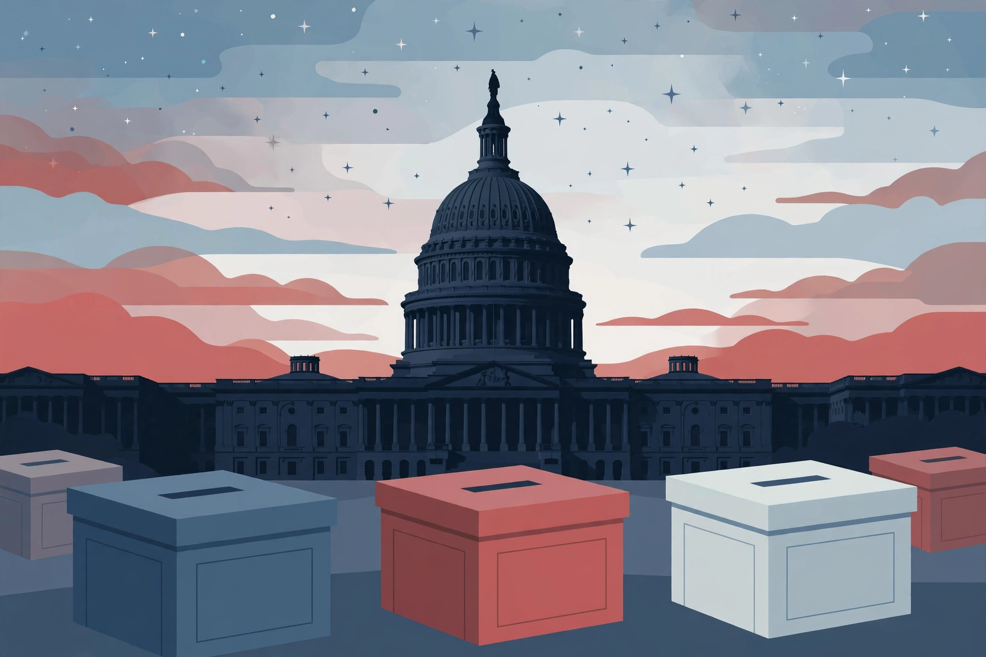 Editorial illustration of the US Capitol dome at dusk with ballot boxes in the foreground