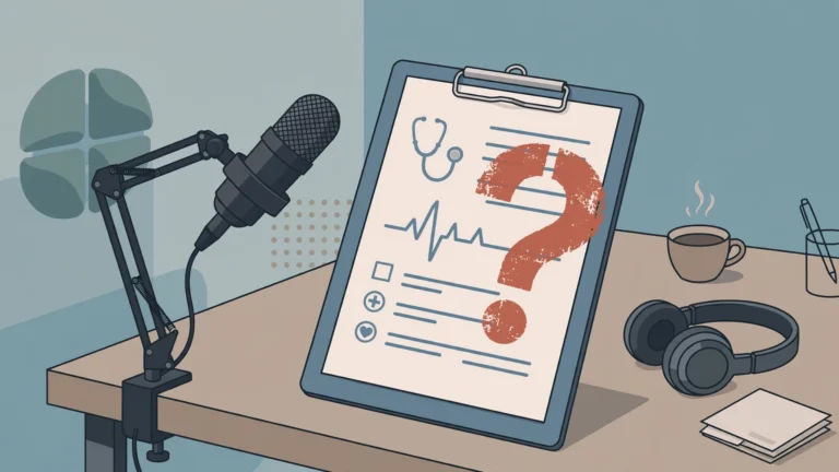Editorial illustration of a podcast microphone beside a medical chart with a question mark