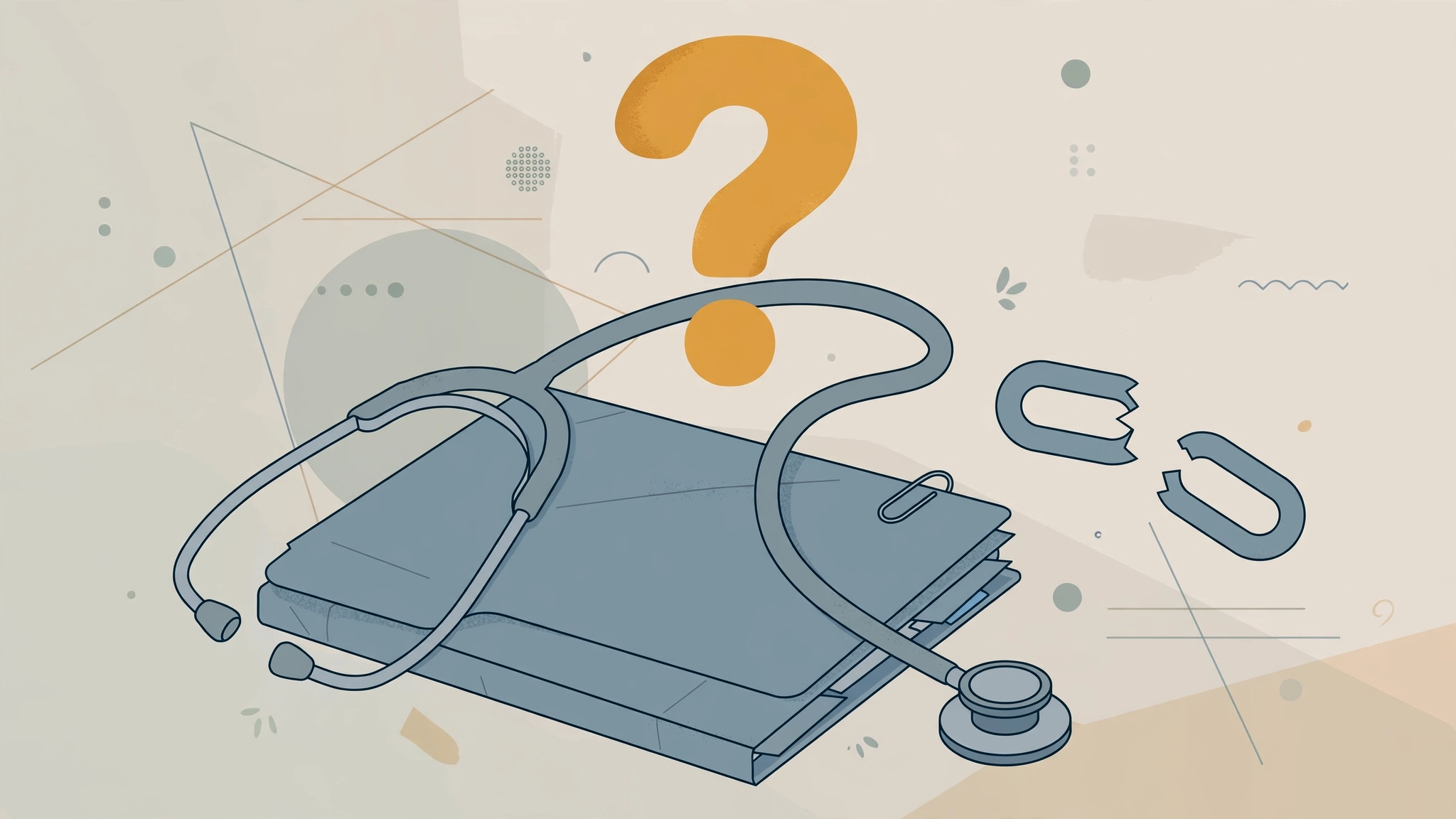 Editorial illustration of a stethoscope on a medical folder with a question mark and broken chain link