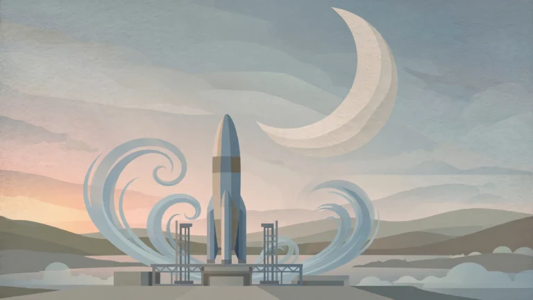 Editorial illustration of a rocket on a launch pad under a crescent moon