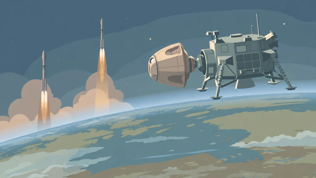 Illustration of a crew capsule docking with a lunar lander above Earth