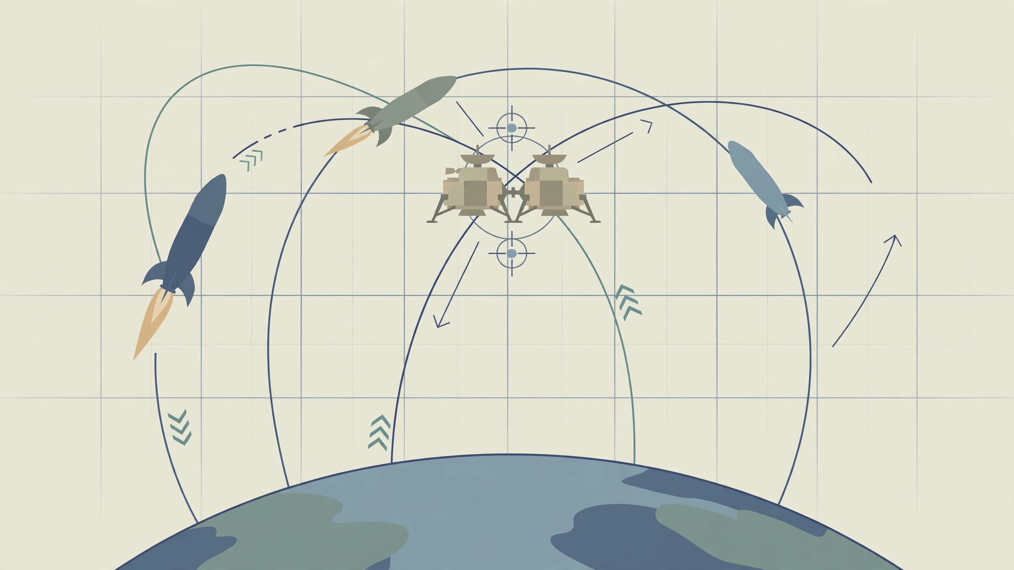 Illustration of rockets and orbital paths for the Artemis III test flight