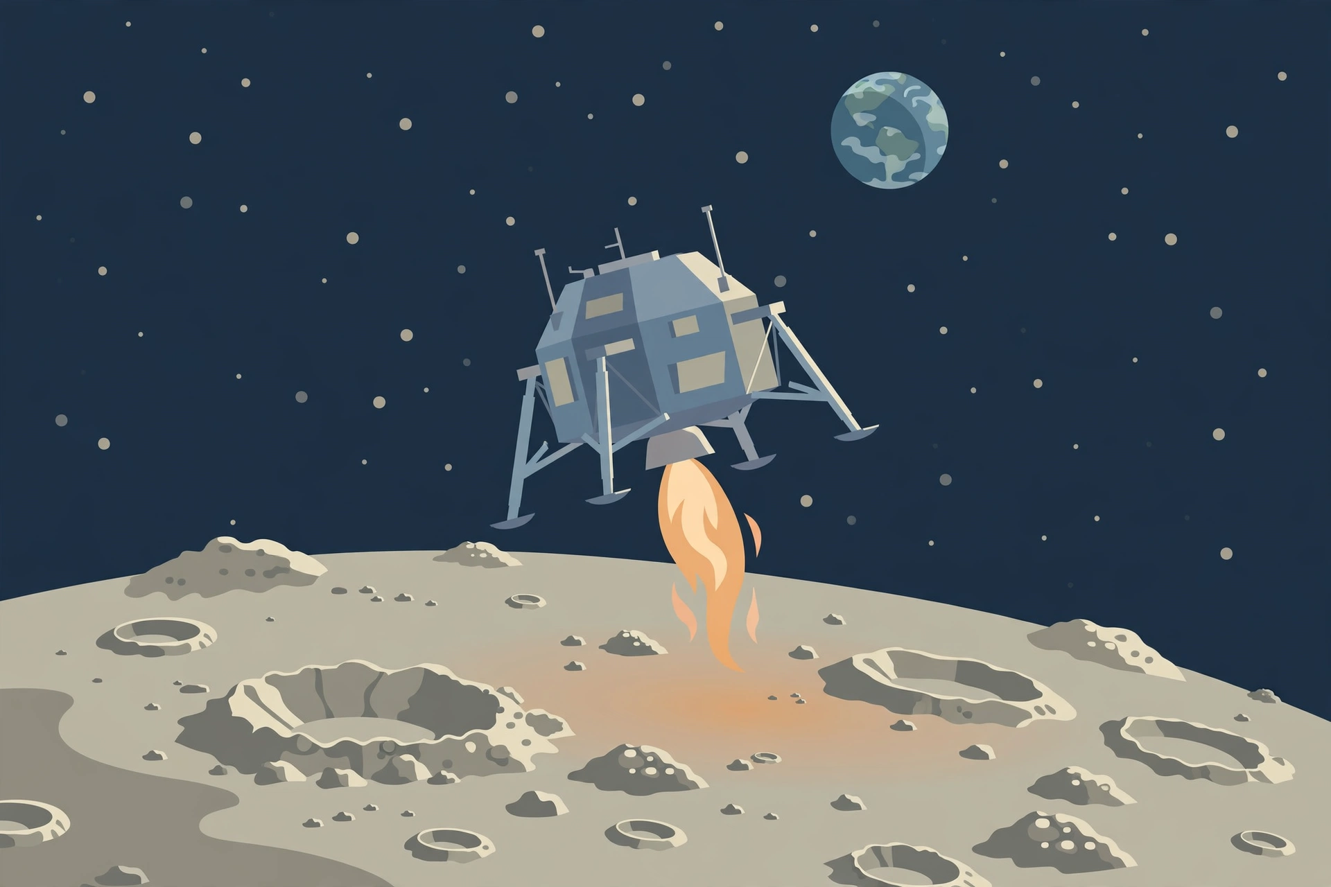 Editorial illustration of a lunar lander descending to the cratered moon surface