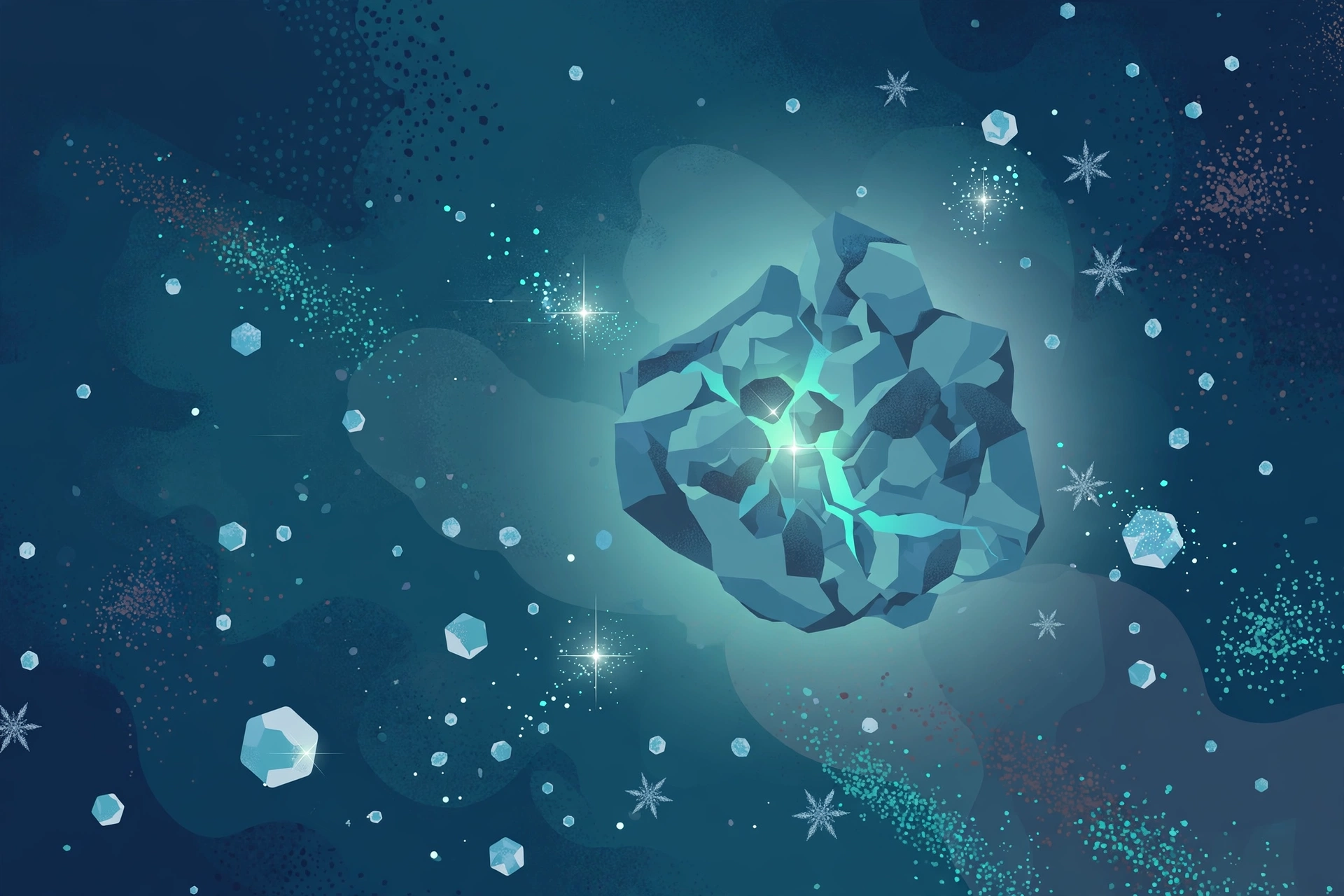 Editorial illustration of icy grains drifting around a comet nucleus