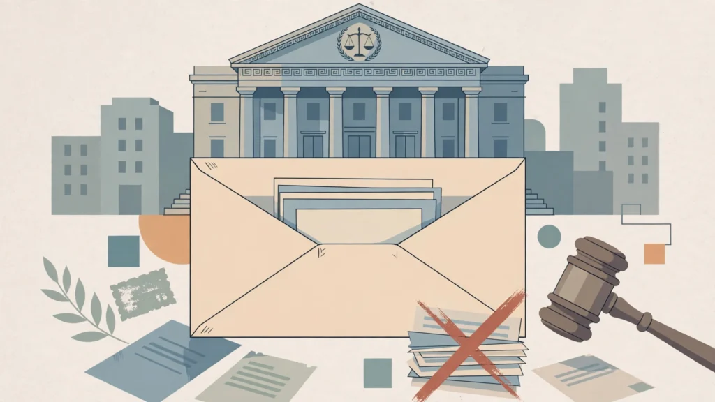 Illustration of a courthouse, a mail ballot envelope and a judge's gavel