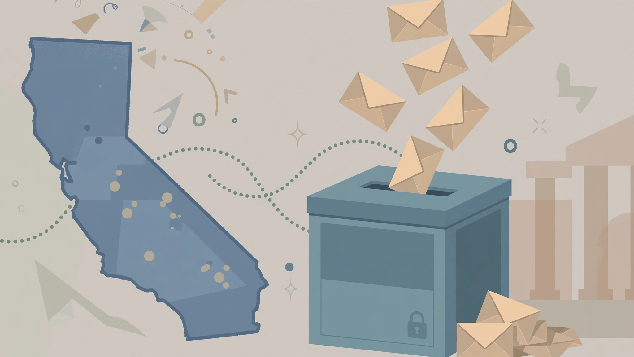 Illustration of mail ballot envelopes going into a ballot box beside a map of California