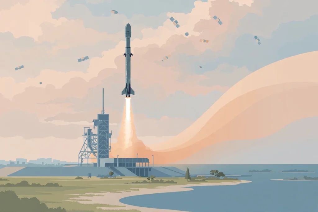 Editorial illustration of a rocket lifting off from a coastal launch pad at dawn