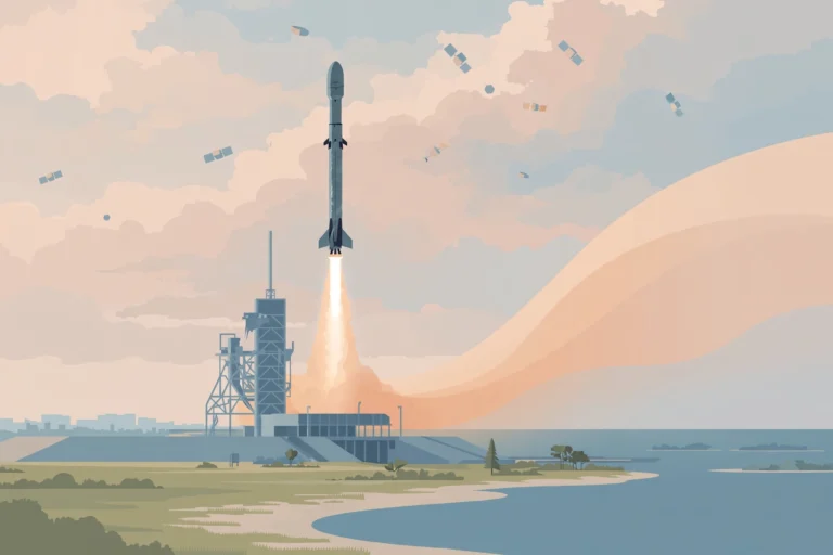 Editorial illustration of a rocket lifting off from a coastal launch pad at dawn