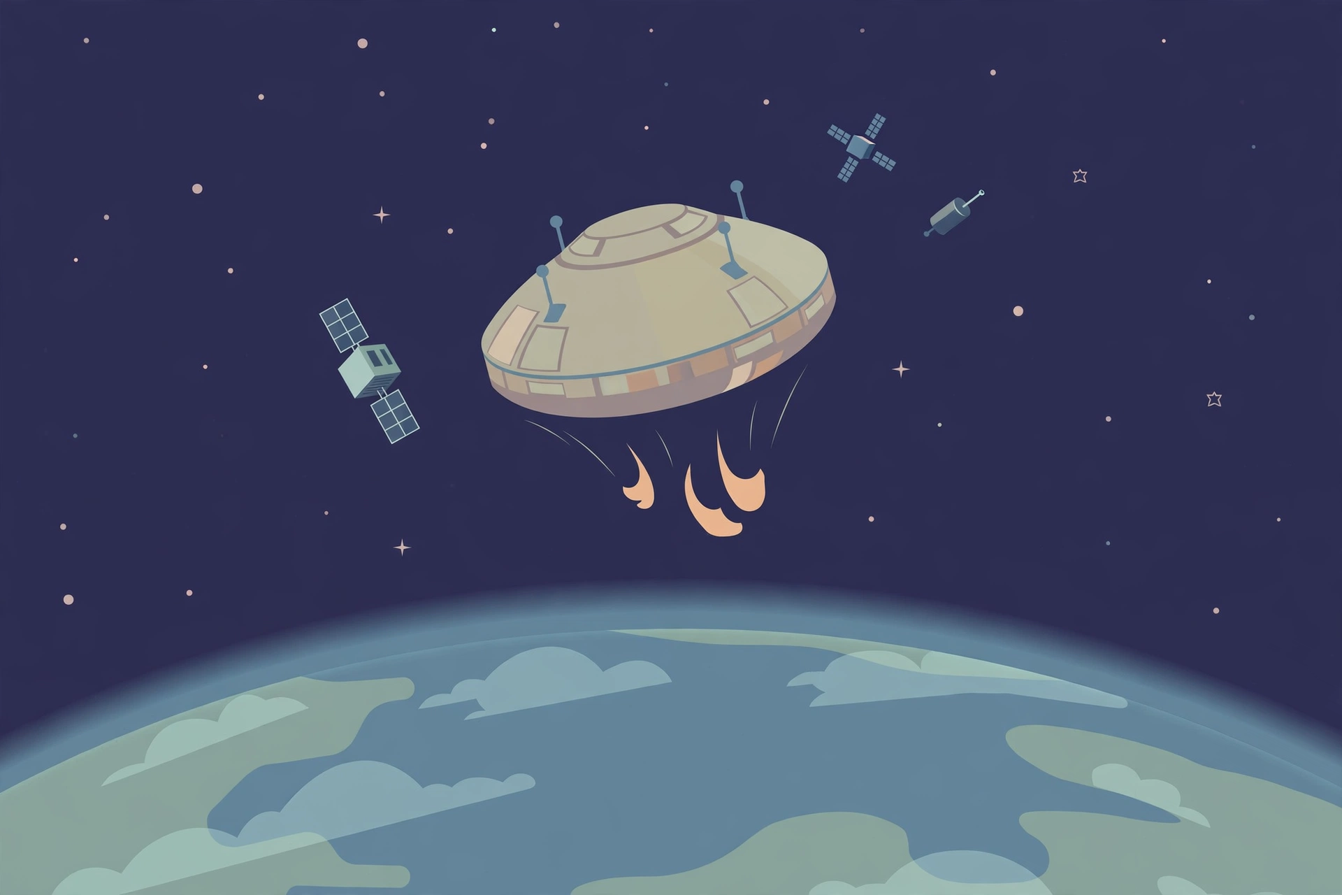 Illustration of a reentry capsule deploying satellites in orbit