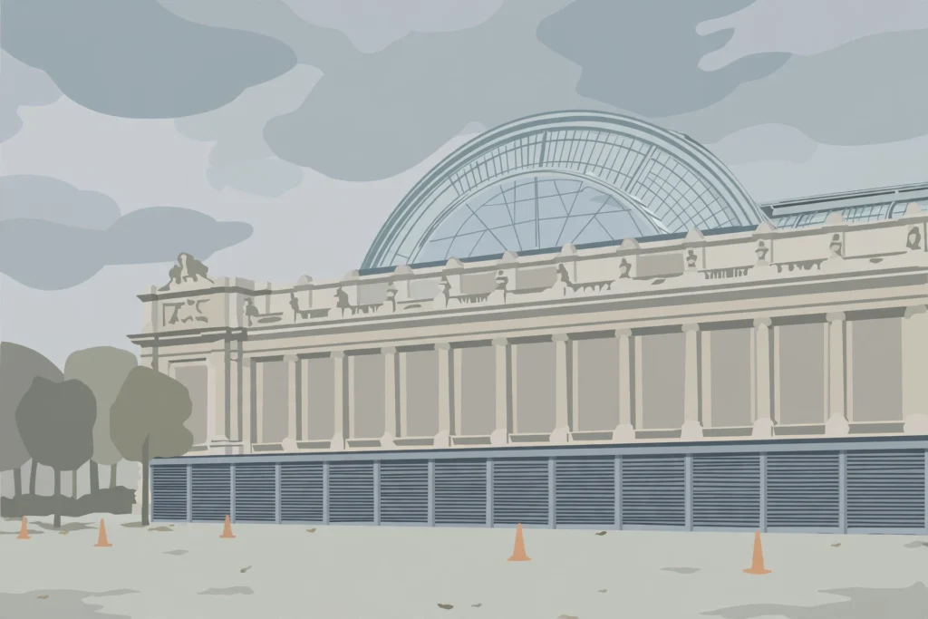 Editorial illustration of a shuttered glass-domed exhibition hall in Paris