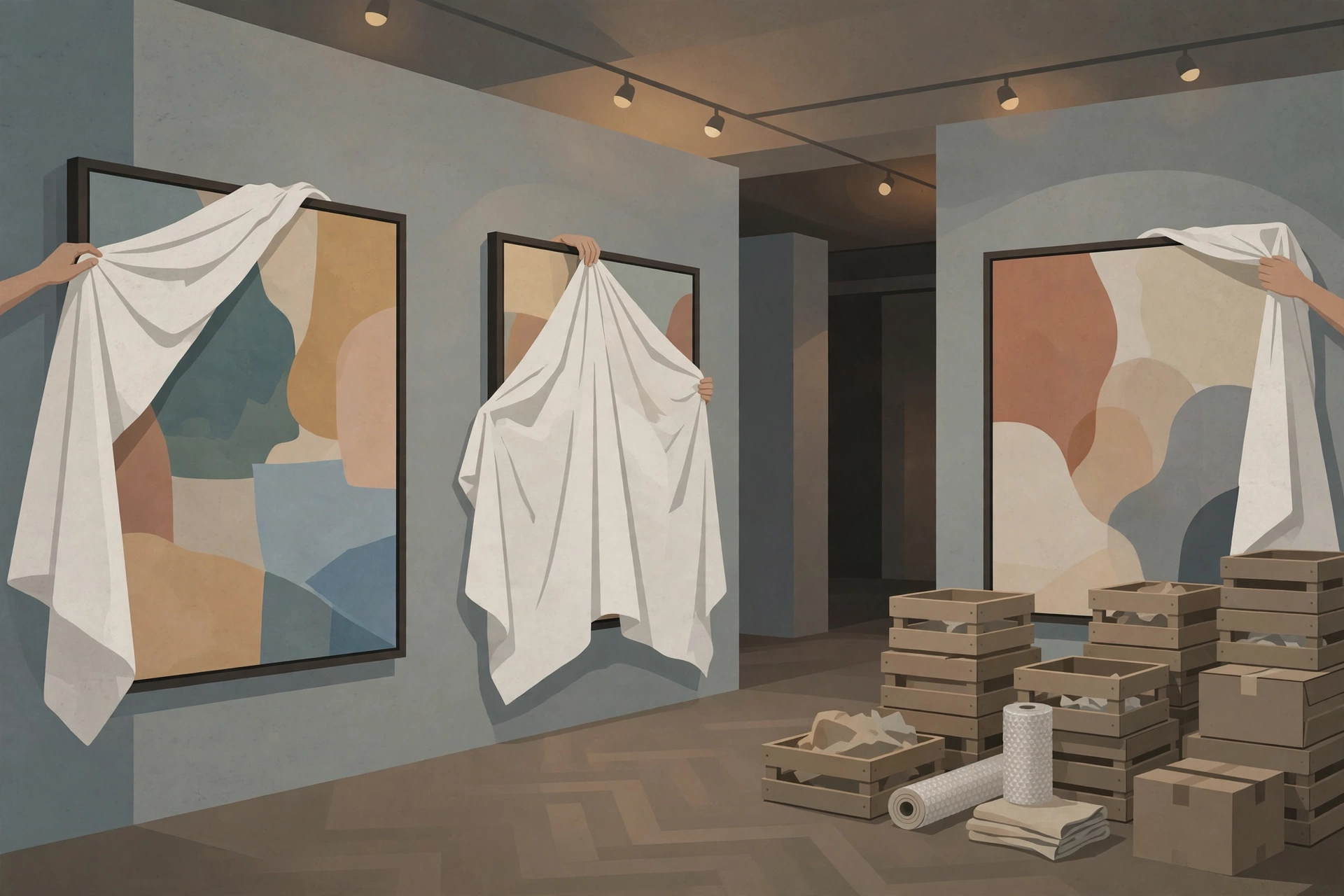 Editorial illustration of artworks being covered during a gallery shutdown