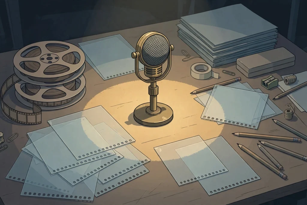 Illustration of a vintage studio microphone on an animation desk with film reels and blank animation cels