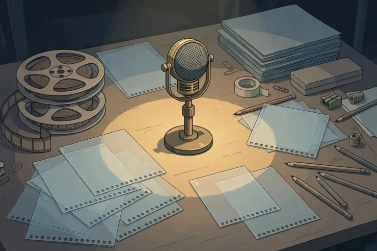 Illustration of a vintage studio microphone on an animation desk with film reels and blank animation cels