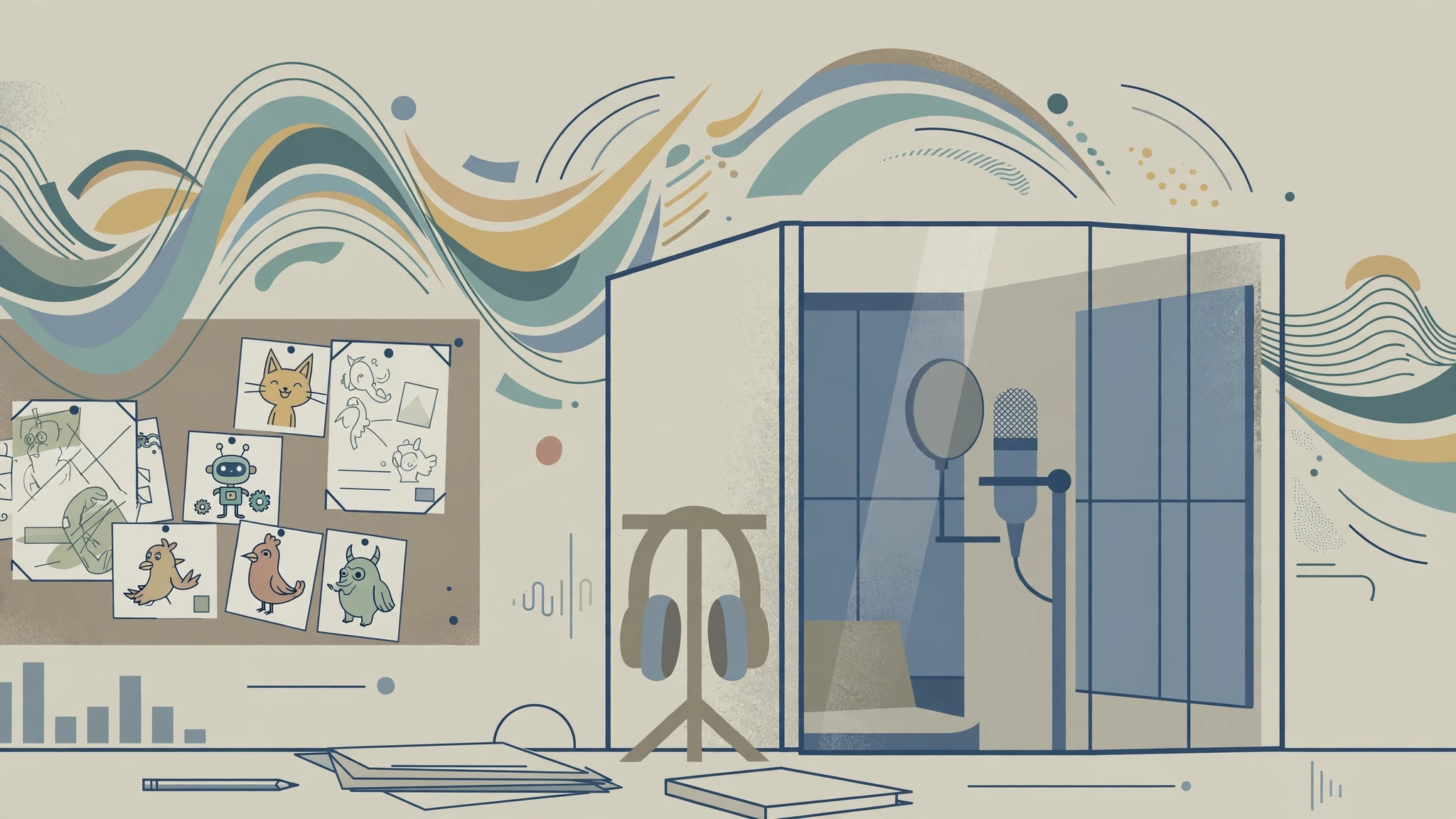 Illustration of a recording studio booth with a microphone, headphones and sound waves