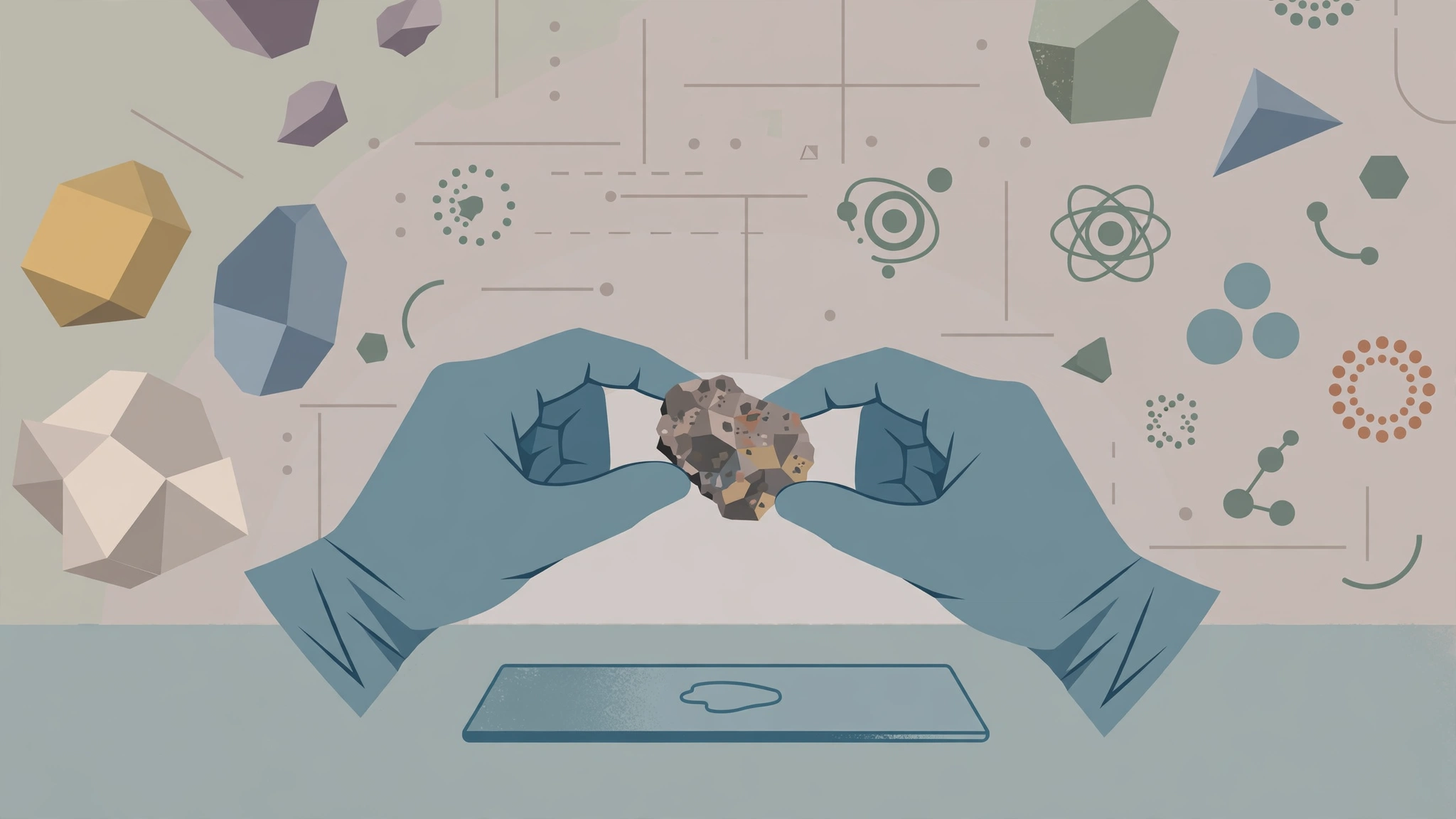 Editorial illustration of gloved hands holding a small asteroid rock sample