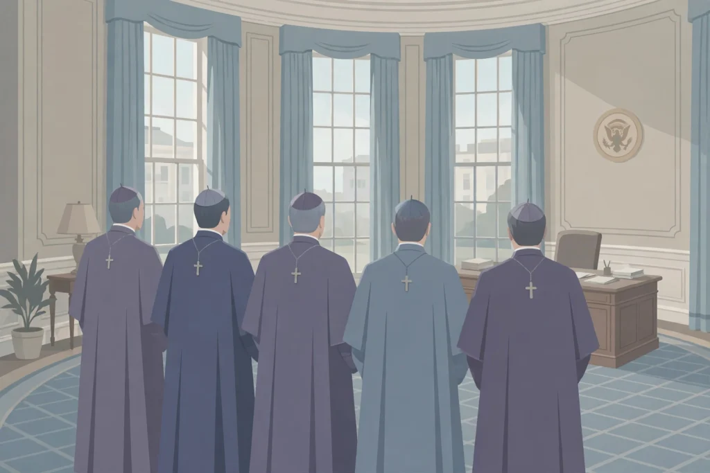 Illustration of bishops standing in an oval office