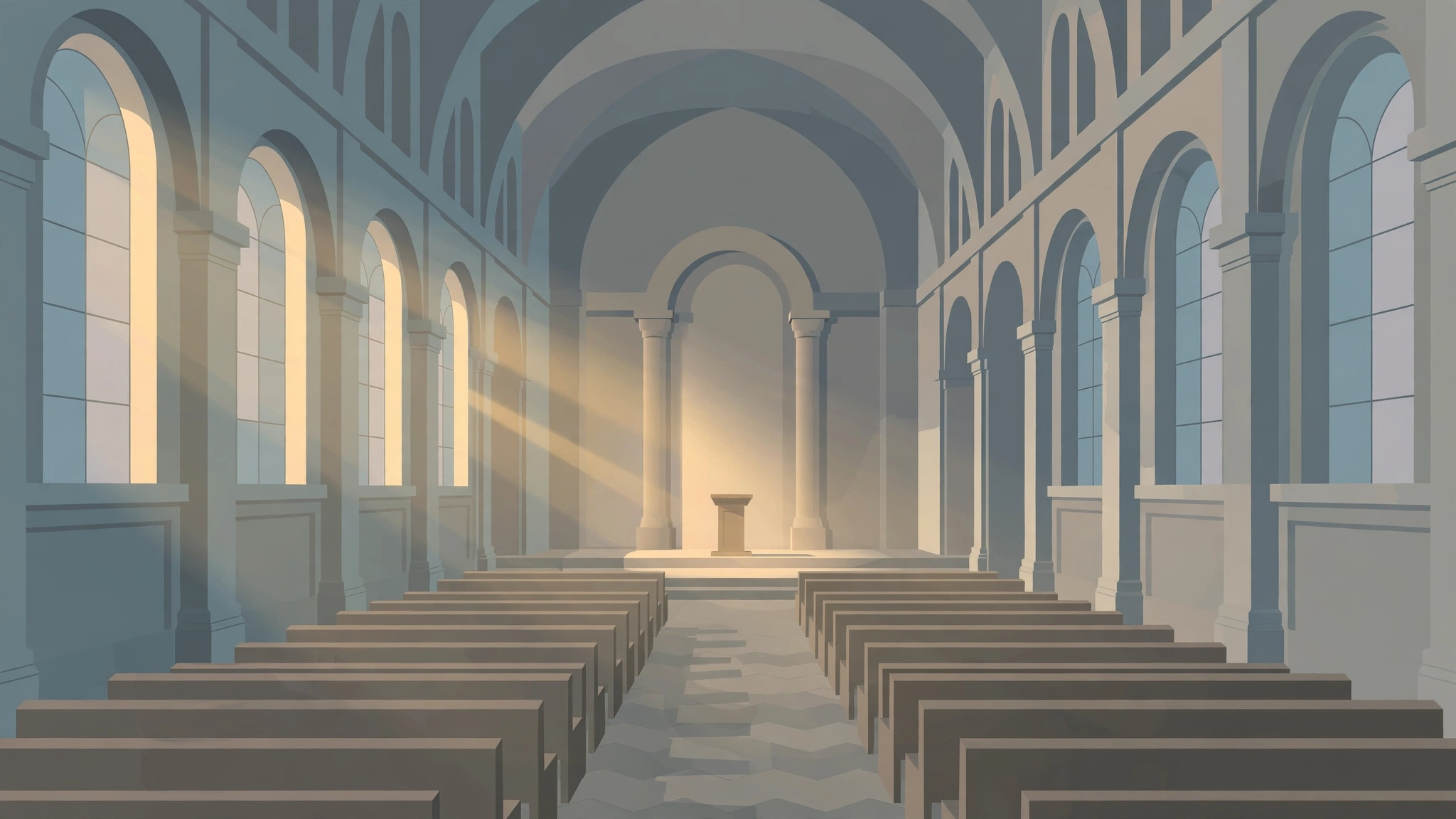 Illustration of a cathedral interior with empty pews