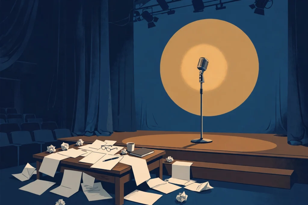 Illustration of an empty comedy stage with a microphone under a spotlight