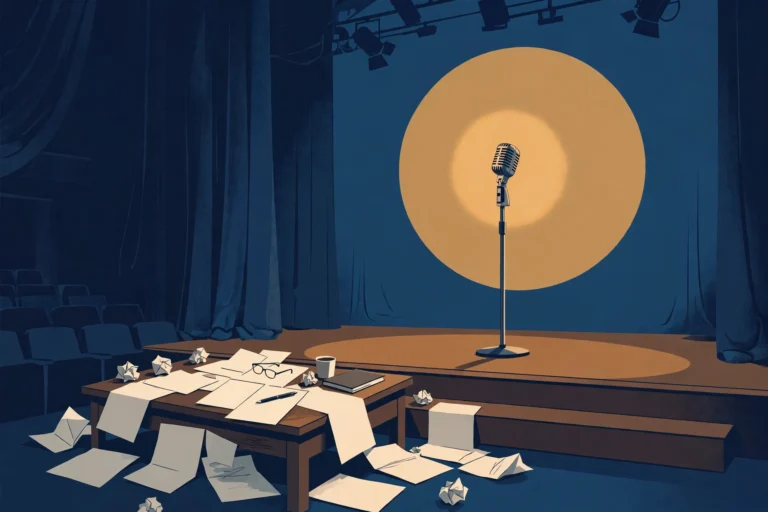Illustration of an empty comedy stage with a microphone under a spotlight