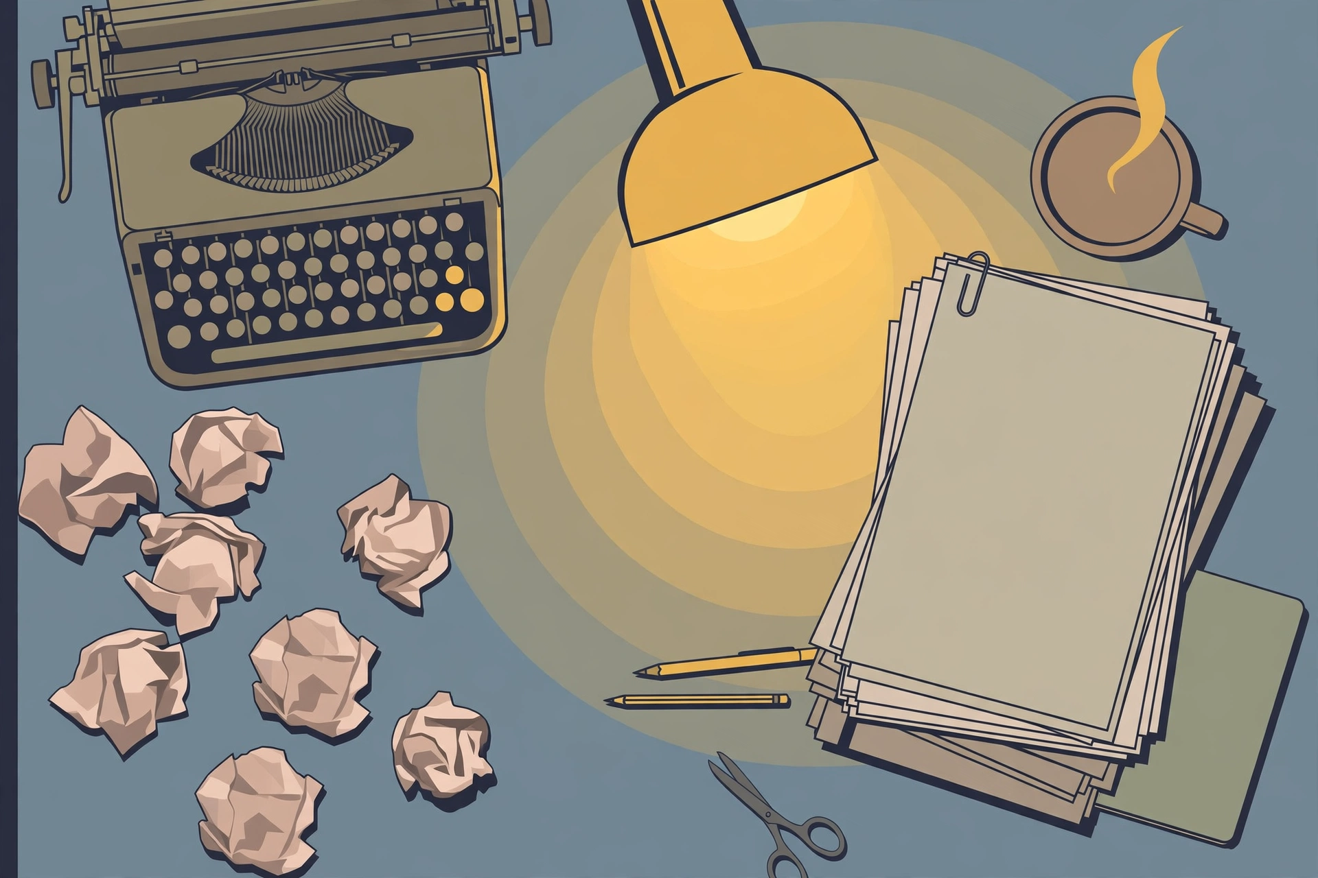 Illustration of a writer's desk with a typewriter and scripts