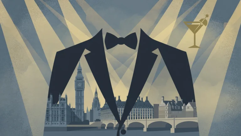Editorial illustration of a tuxedo silhouette against the London skyline for a story about James Bond casting