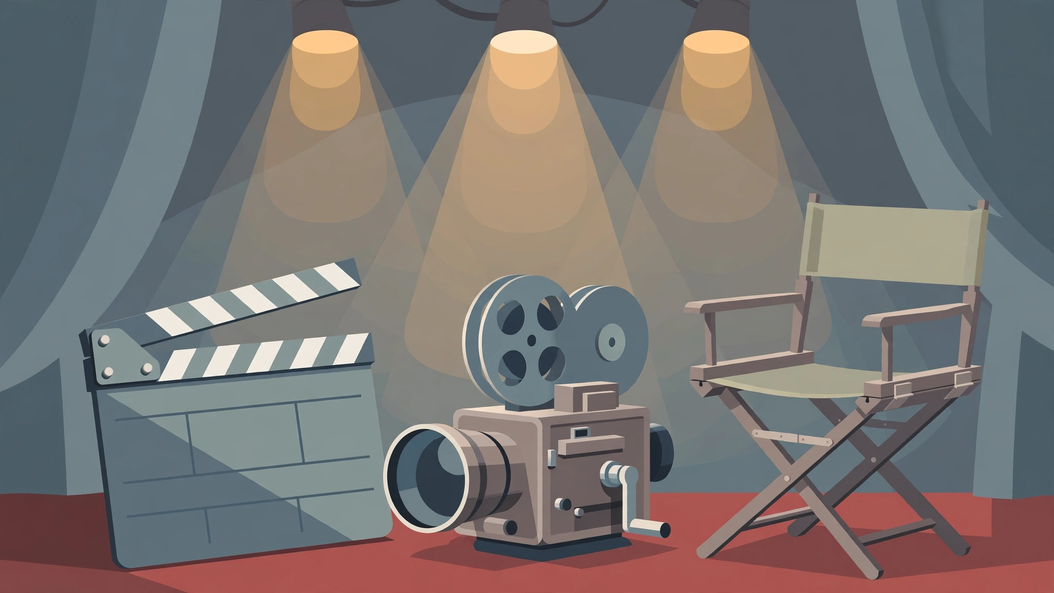 Editorial illustration of a clapperboard, cinema camera and director's chair on a red carpet