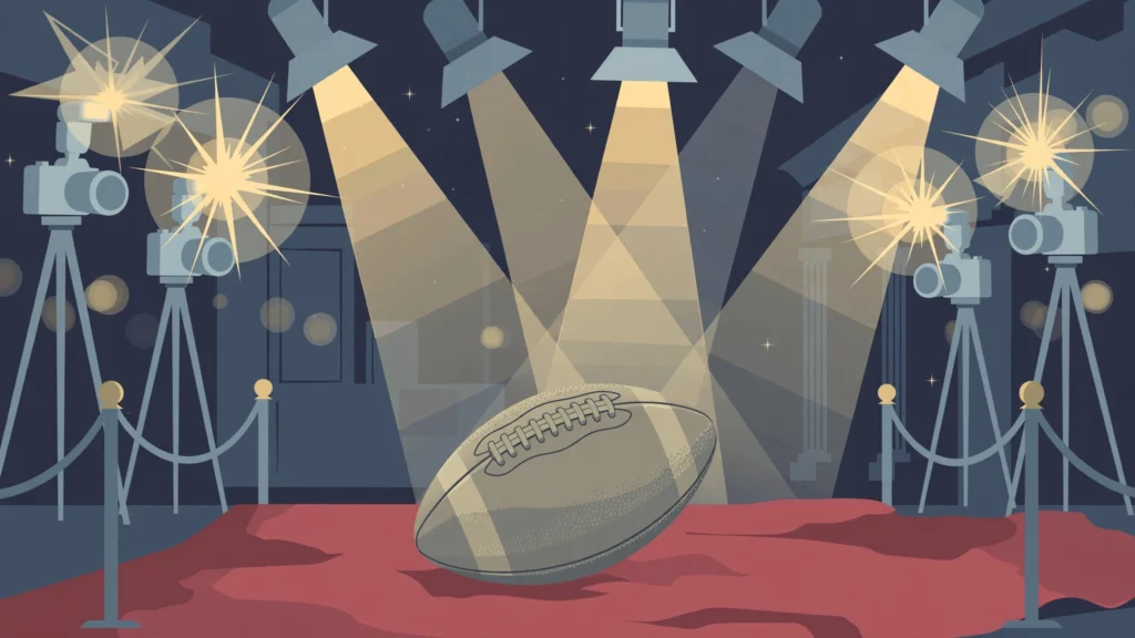 Illustration of an American football on a red carpet under camera flashes