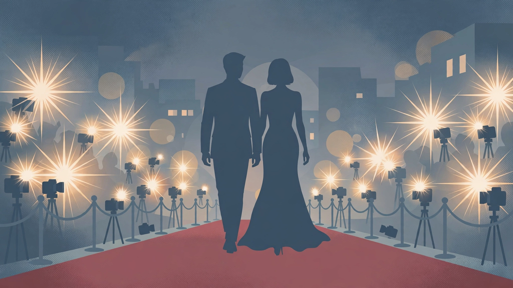 Illustration of two silhouettes walking a red carpet lined with cameras