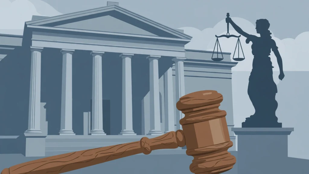 Editorial illustration of a London courthouse facade with a gavel and lady justice