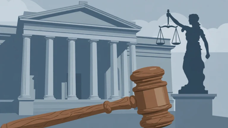 Editorial illustration of a London courthouse facade with a gavel and lady justice