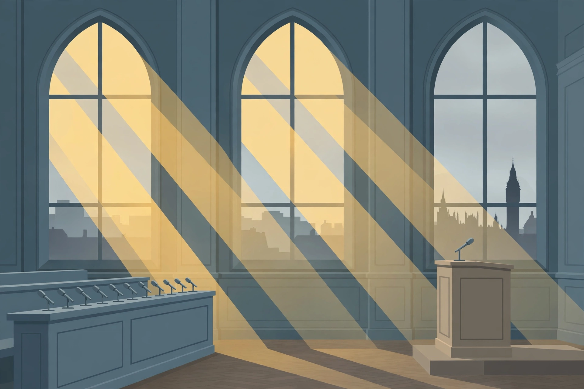 Editorial illustration of a courtroom interior with tall windows in London