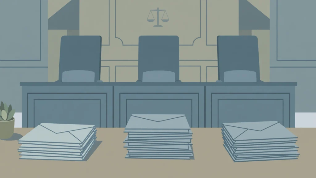 Illustration of a courtroom bench with stacks of mail ballot envelopes