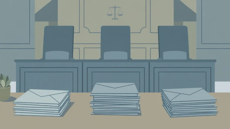 Illustration of a courtroom bench with stacks of mail ballot envelopes