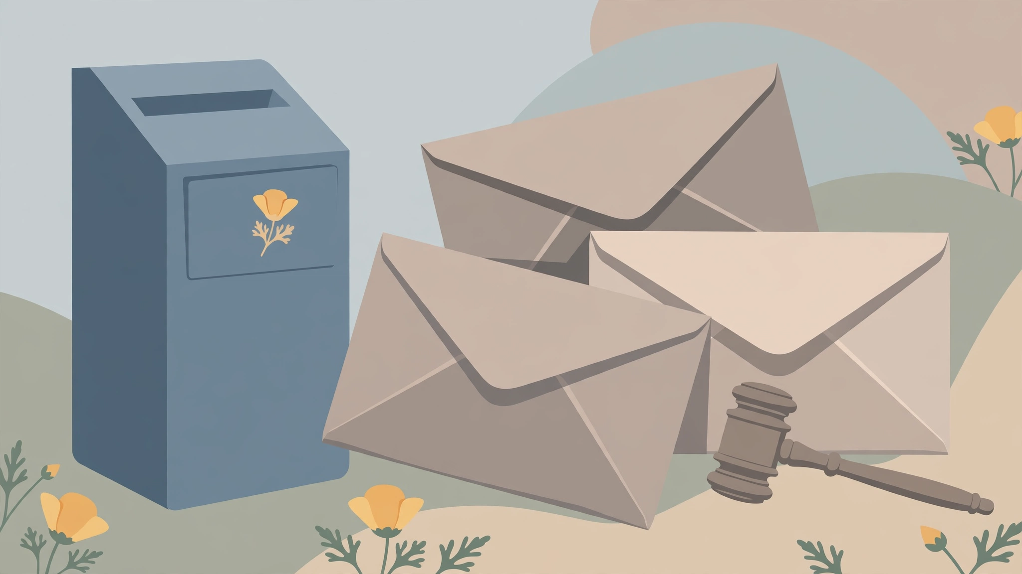 Illustration of a ballot drop box, mail envelopes and a gavel