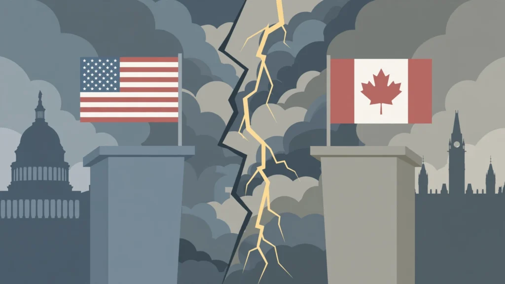 Editorial illustration of US and Canadian flags split by storm clouds and lightning